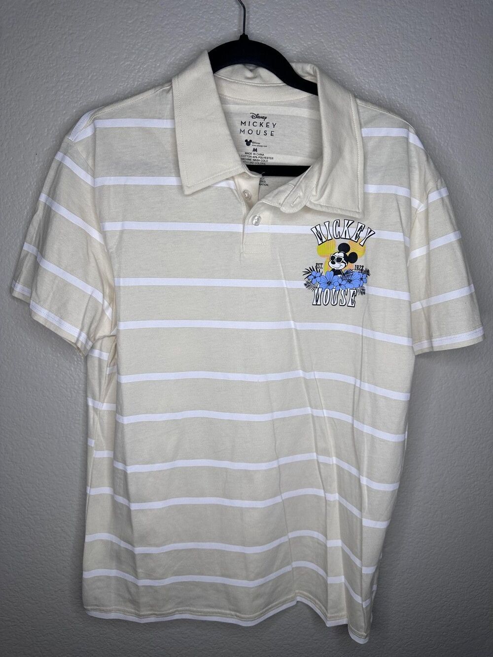 NEW Disney Mickey Mouse Polo Shirt Mens Medium Beige White Stripe Graphic